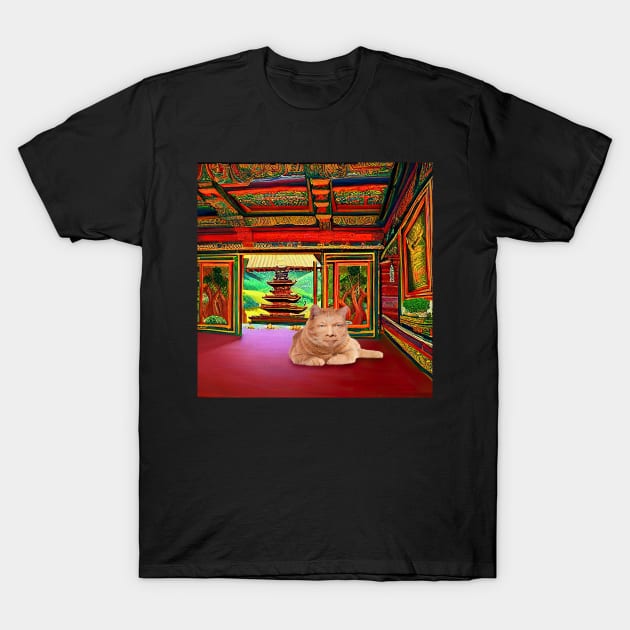 Eckhart Tolle Zen Master Cat Laying in a Thailand Temple T-Shirt by SubtleSplit